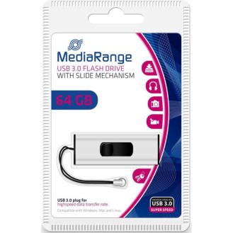 MediaRange USB flash disk, USB 3.0, 64GB, silver, MR917, USB A, with loop, telescopic